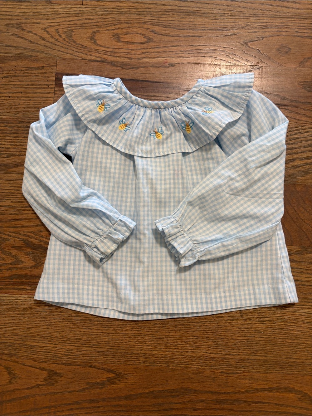 Little English Light Blue Gingham Ruffle Top with Bee Embroidery 24M GUC